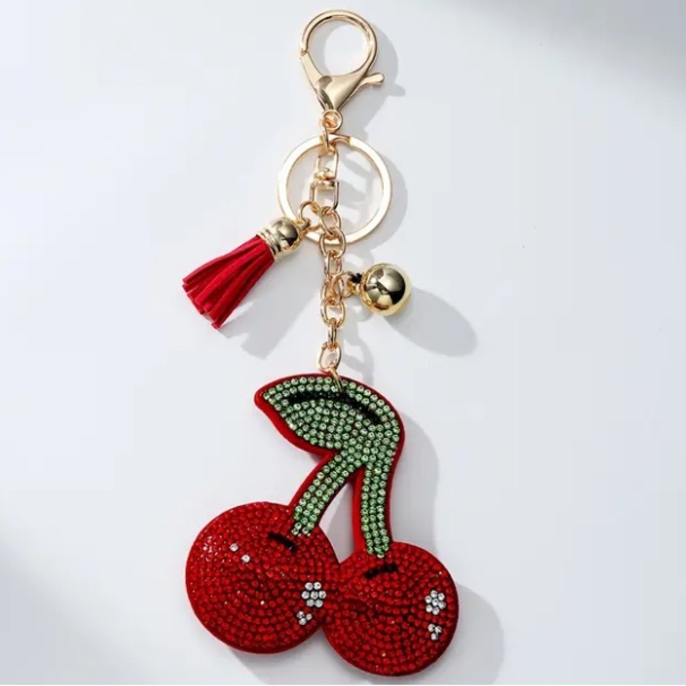 Faux Suede & Rhinestone Cherries Key Chain Bag Charm - Picture 2 of 4